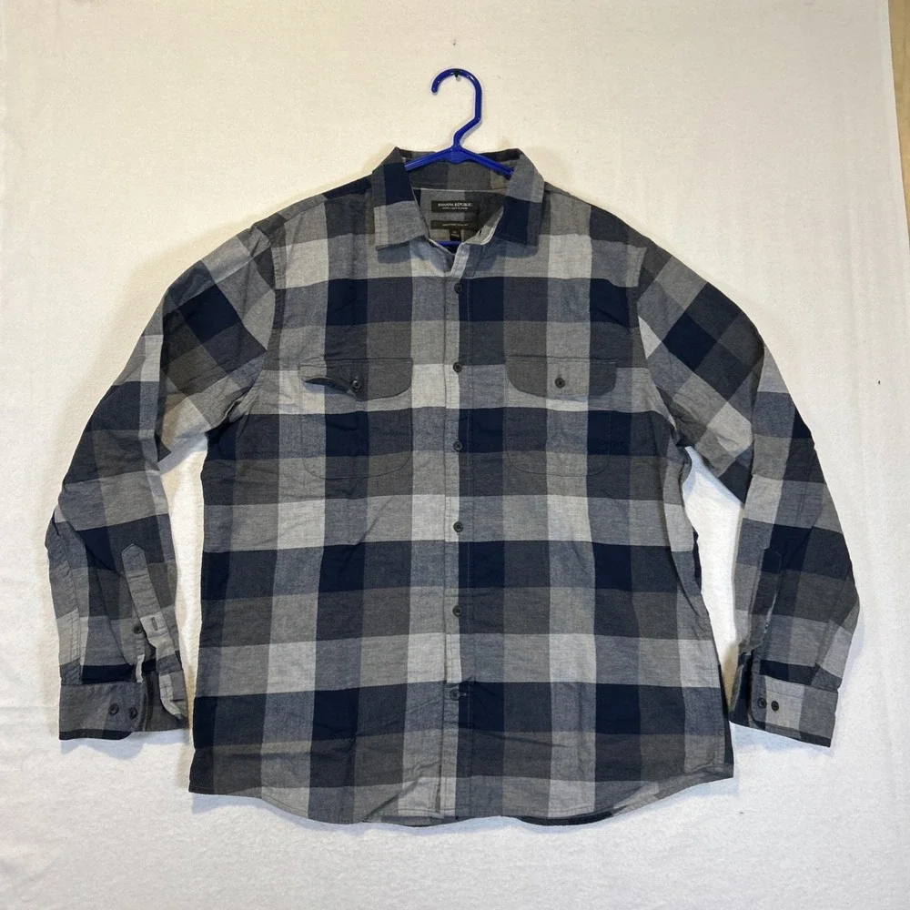 Banana Republic Flannel Shirt Mens XL Blue Plaid Untucked Slim Fit Button Up